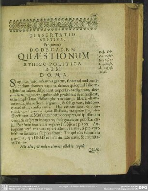 Dissertatio Septima, Proponens Dodecadem Quaestionum Ethico-Politicarum