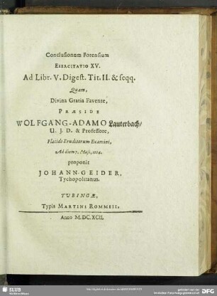 Conclusionum Forensium Exercitatio XV. Ad Libr. V. Digest. Tit. II. & seqq.