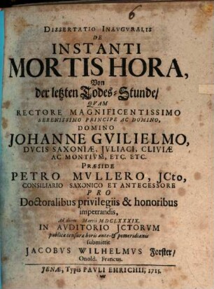 Diss. inaug. de instanti mortis hora