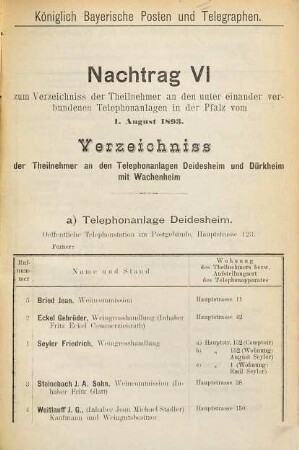 Verzeichnis der Teilnehmer an den Ortstelephonnetzen des Pfälzischen Bezirkstelephonnetzes. Nachtrag. 1893, Nachtr. 6