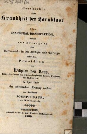 Geschichte einer Krankheit der Harnblase : eine Inaug.-Abh.