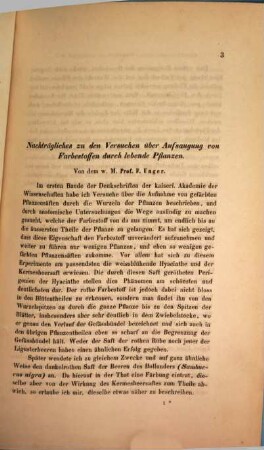 Nachträgliches zu den Versuchen über Aufsaugung von Farbestoffen durch lebende Pflanzen : (Aus dem Jännerhefte des Jahrganges 1853 der Sitzungsberichte der mathem.-naturw. Classe der kais. Akademie der Wissenschaften [X. Bd. S. 117] besonders abgedruckt)