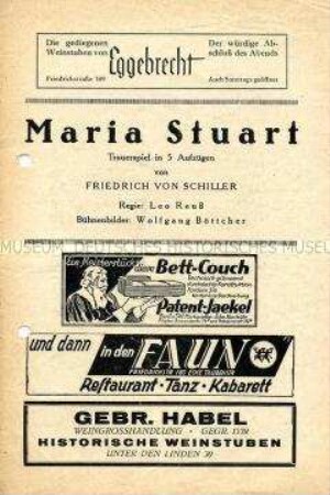 Theaterprogramm zu dem Stück "Maria Stuart"