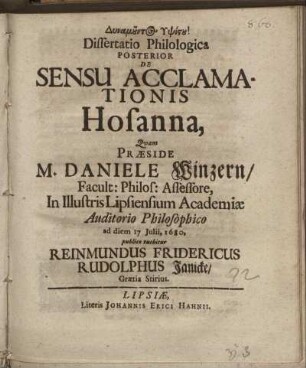 Dissertatio Philologica Posterior De Sensu Acclamationis Hosanna