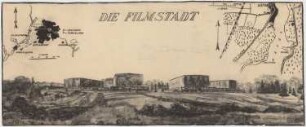 Tonfilmatelier (Filmstadt), Berlin-Gatow: Perspektivische Ansicht mit Einblendung vom Lageplan und Topographie