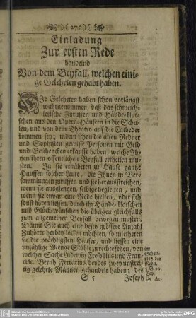 Einladung Zur ersten Rede handelnd Von dem Beyfall, welchen einige Gelehrten gehabt haben