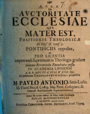 De Autoritate Ecclesiae Qua Mater Est : Positiones Theologicae ex Hos. II. vers. 2. Pontificiis oppositae