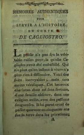 Mémoires authentiques pour servir à l'histoire du Comte de Cagliostro