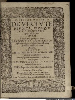 Disputatio ethica de virtute heroica, eiusque vitio contrario, quod est feritas