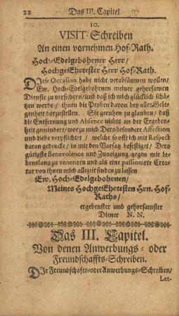 Das III. Capitel. Von denen Anwerbungs- oder Freundschaffts-Schreiben.