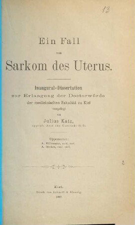 Ein Fall von Sarkom des Uterus : Inaug. Diss.