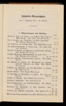 Inhalts-Verzeichnis zum 1. Jahrgang (Nr. 1-6) 1925/26