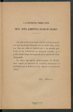 [Dedicatoria] A Srta. Almerinda Soler Di-Franco