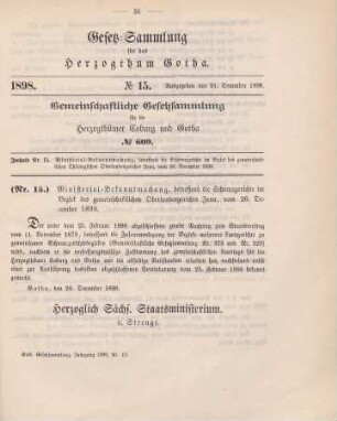 15. Ministerialbekanntmachung, betreffend die Schwurgerichte im Bezirk des gemeinschaftlichen Thüringischen Oberlandesgerichts Jena, vom 26. December 1898