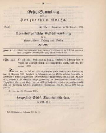 15. Ministerialbekanntmachung, betreffend die Schwurgerichte im Bezirk des gemeinschaftlichen Thüringischen Oberlandesgerichts Jena, vom 26. December 1898