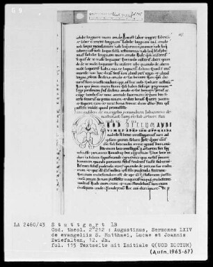 Augustinus, Sermones 64 de evangeliis Sancti Matthaei, Lucae et Joannis — Initiale Q(UOD DICTUM), Folio 115recto