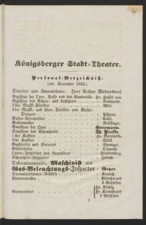 Personal-Verzeichniß: (ult. December 1853.)
