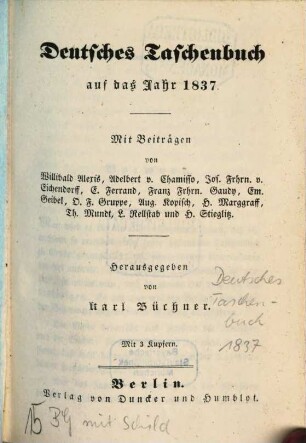 Deutsches Taschenbuch : auf das Jahr .... 1837