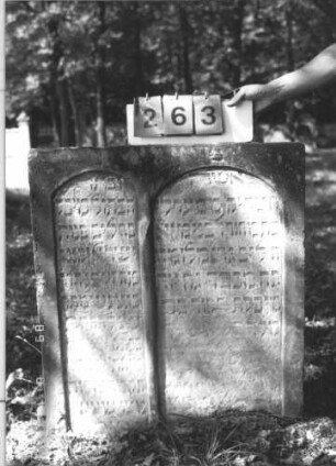 Grabstein 263 (Index: 99609899) Material: Sandstein Zustand: verwittert, teilweise Textverlust Maße HxBxT: 83x77x12 cm Beschreibung: Doppelstele (links: Minle; rechts: Merle), Schriftfeld eingetieft mit Segmentbogenabschluß Besonderheit: Doppelgrab: Grabstein 263