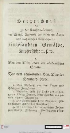 Verzeichniß der zu der Kunstausstellung der Königl. Academie der bildenden Künste und mechanischen Wissenschaften eingesandten Gemälde, Kupferstiche u.s.w.