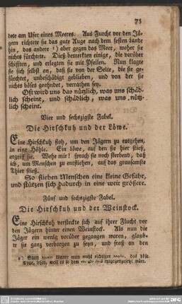 Vier und sechszigste Fabel. Die Hirschkuh und der Löwe