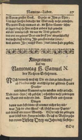 Klingreimen/ Auf den Namenstag H. Samuel N. der Rechten Erfahrnen