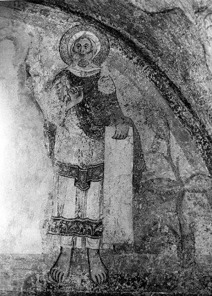 Prophet mit Schriftrolle : Prophet mit Schriftrolle. Freskomalerei (1265-1270?). Matrei in Osttirol, Filialkirche Sankt Nikolaus