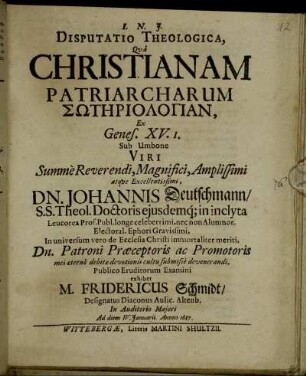 Disputatio Theologica, Qua Christianam patriarcharum Sōtēriologian, Ex Genes. XV. 1.