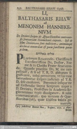 LI. Balthasaris Rhaw ad Menonem Hannekenium