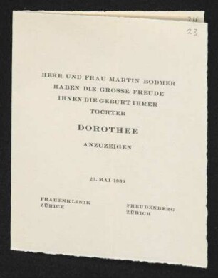 Brief von Martin Bodmer und Alice Bodmer an Margarete Hauptmann