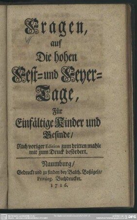 Fragen, auf Die hohen Fest- und Feyer-Tage