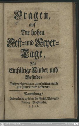 Fragen, auf Die hohen Fest- und Feyer-Tage