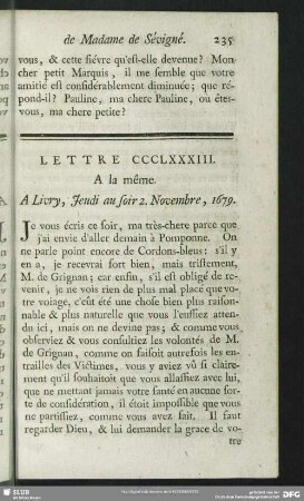 Lettre CCCLXXXIII. A la même. A Livry, Jeudi au soir 2. Novembre, 1679