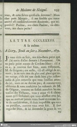 Lettre CCCLXXXIII. A la même. A Livry, Jeudi au soir 2. Novembre, 1679