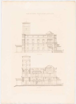 Werke der höheren Baukunst, Darmstadt 1856 Fürstliches Landhaus: Aufriss Seitenansicht, Schnitt