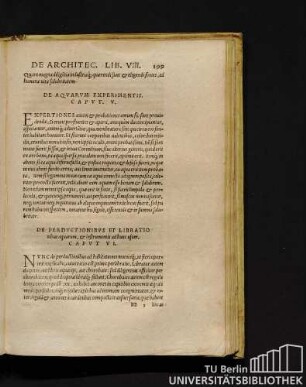 De Aquarum Experimentis. Caput V. De Perductionibus Et Librationibus aquarum, et instrumentis ad hunc usum. Caput VI.