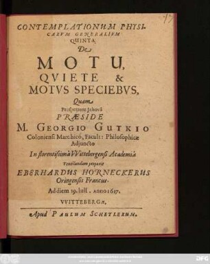 Contemplationum Physicarum Generalium Quinta De Motu, Quiete & Motus Speciebus
