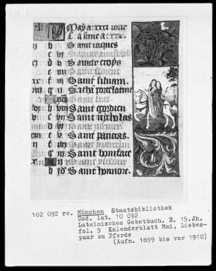 Lateinisches Gebetbuch mit französischem Kalender — Kalenderblatt Mai mit einem Liebespaar zu Pferd, Folio 5