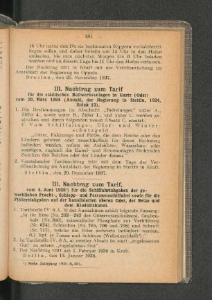 III. Nachtrag zum Tarif,