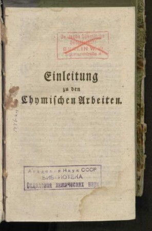 Einleitung zu den Chymischen Arbeiten