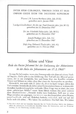 Söhne und Väter Rede des Rector Johannei bei der Entlassung der Abiturienten in der Aula des Johanneums am 17.2.1968