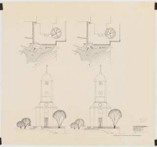 Paul-Gerhardt-Kirche, Berlin-Schöneberg Außenanlage: Schöneberger Dorfkirche: Grundrisse und Ansichten, 1:100