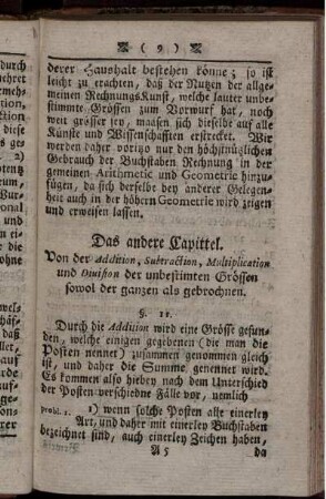 Das andere Capittel. von der Addition, Subtraction, Multiplication und Division der unbestimmten Grössen sowol der ganzen als gebrochnen.