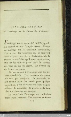 Chapitre Premier de L' embargo ou de L`arrét des Vaisseaux