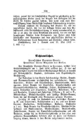 Preußischer Beamten-Verein. Protektor: Seine Majestät der Kaiser : [Nichtamtliches]