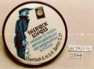 Taschenspiegel mit Werbeaufdruck "SHERLOCK SCHLOSS Sherlock G.m.b.H. Berlin O.27" (Abbildung eines Einbrechers mit Schlüsselbund)