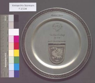 Kreisschützenverband Stormarn von 1912 e.V.: Ehrenteller mit Stormarnwappen mit Gravur: "Hans Joachim Berg, Zum 70. Geburtstag", 20. Februar 1991