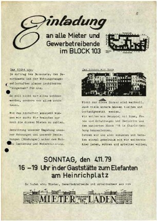 Flugschrift: Einladung an alle Mieter und Gewerbetreibende im BLOCK 103, 1979