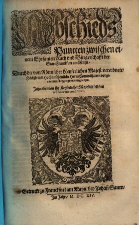Abschieds-Puncten zwischen einem Ehrsamen Rath und Bürgerschafft der Statt Franckfurt am Mayn ...