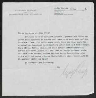 Brief von Ingolf Kuntze von Stadttheater  an Margarete Hauptmann